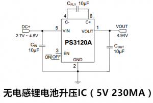 無電感鋰電池陞壓IC（5V 230MA）PS3120A