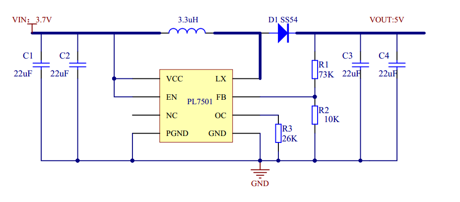 PL7501典型应用电路图 3V,3.3V,3.7V升压6V,输出1.5A的升压IC-PL7501