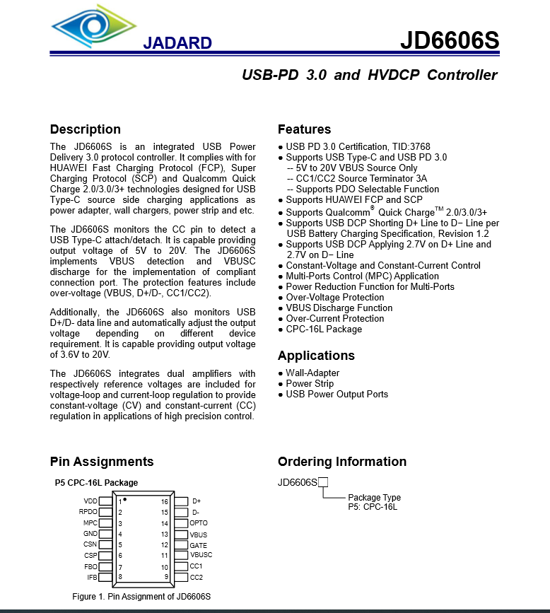 支持苹果20W PD快充协议芯片JD6606S