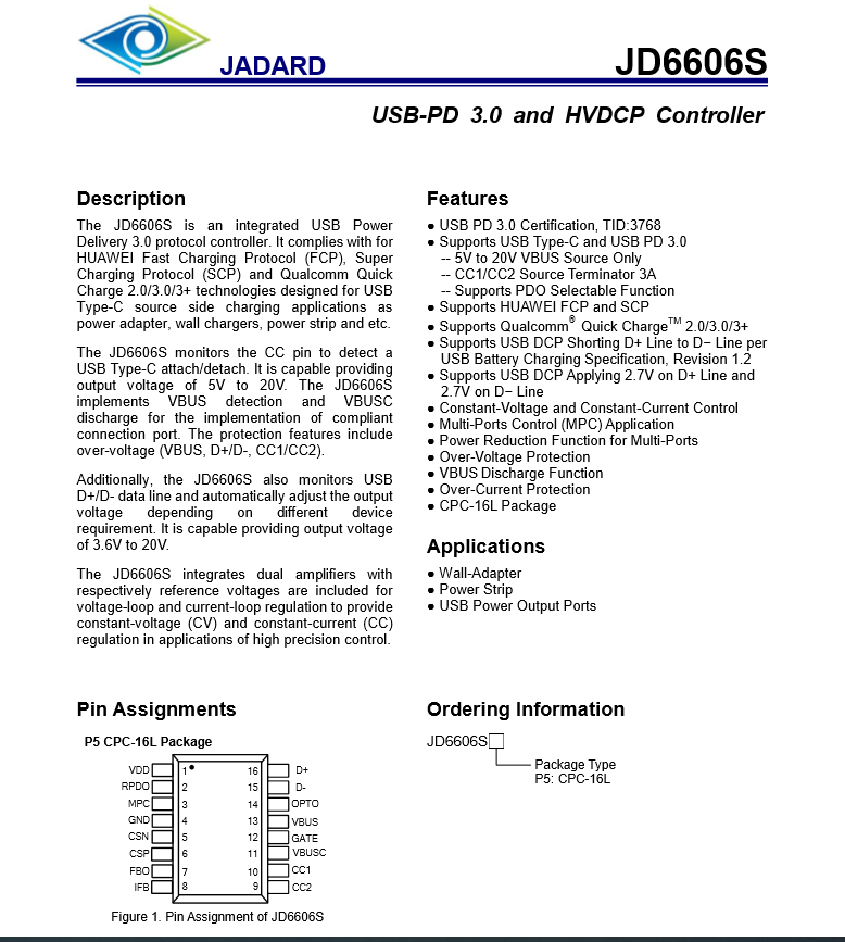 支持蘋果20W PD快充協議芯片JD6606S