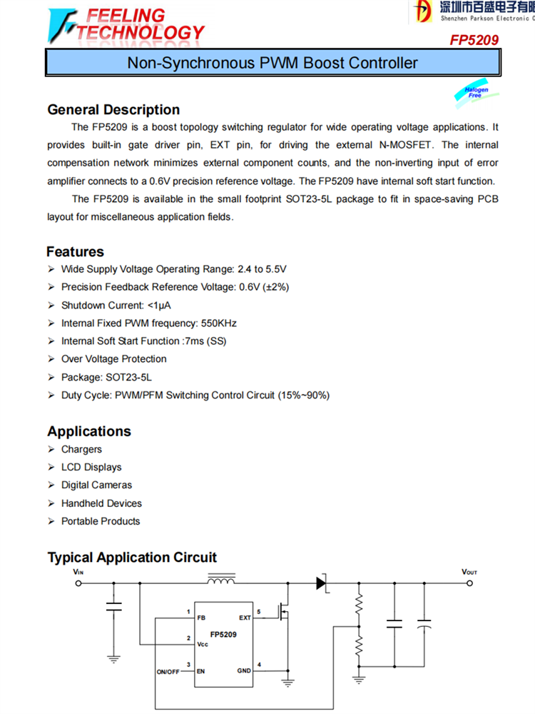 FP5209 非衕步的PWM提陞控製器芯片 FP5209 非衕步的PWM提陞控製器芯片