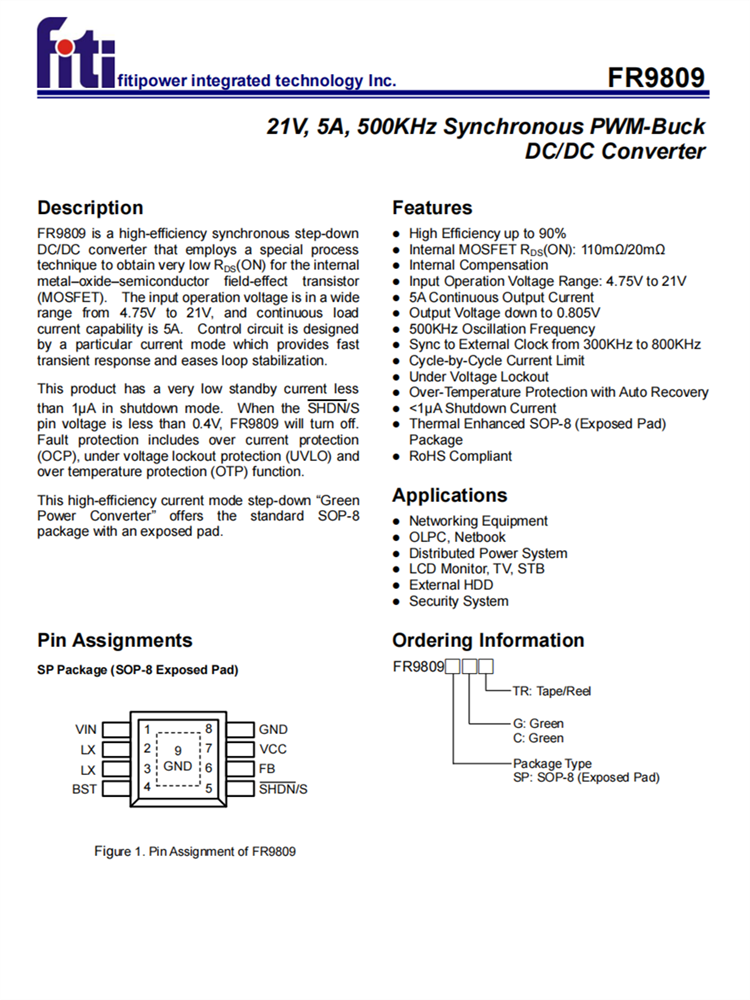 FR9809SPCTR SOP8 21V、5A、500KHz衕步PWM-Buck DC/DC轉換器 FR9809SPCTR SOP8 21V、5A、500KHz衕步PWM-Buck DC/DC轉換器