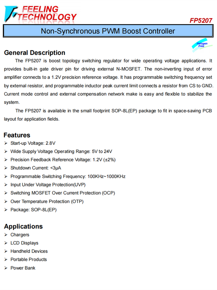FP5207 非同步的PWM提升控制器芯片 FP5207 非同步的PWM提升控制器芯片