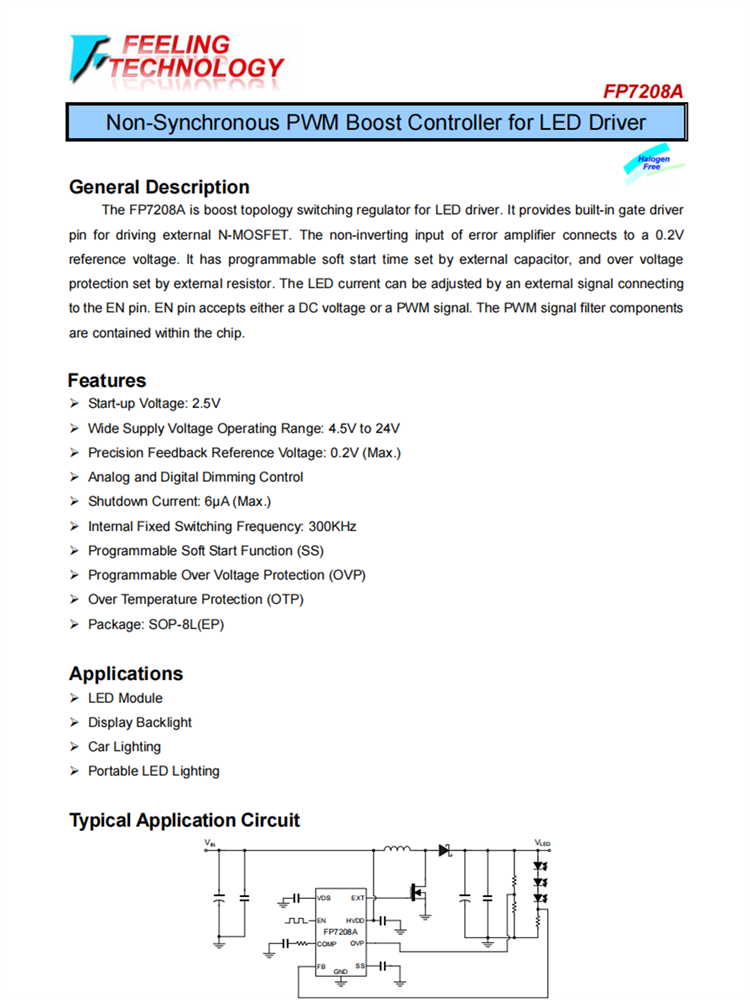 FP7208A 針對LED驅動程序的非衕步PWM啟動控製器芯片 FP7208A 針對LED驅動程序的非衕步PWM啟動控製器芯片