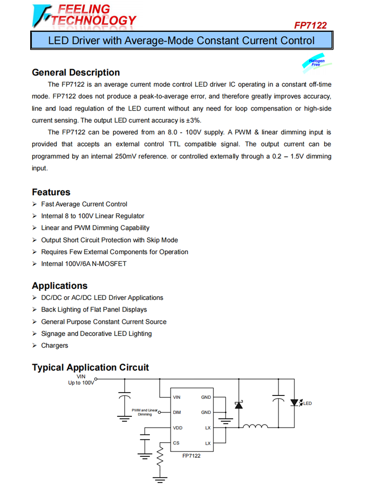 FP7122 具有平均模式恒定电流控制的LED驱动器芯片 FP7122 具有平均模式恒定电流控制的LED驱动器芯片