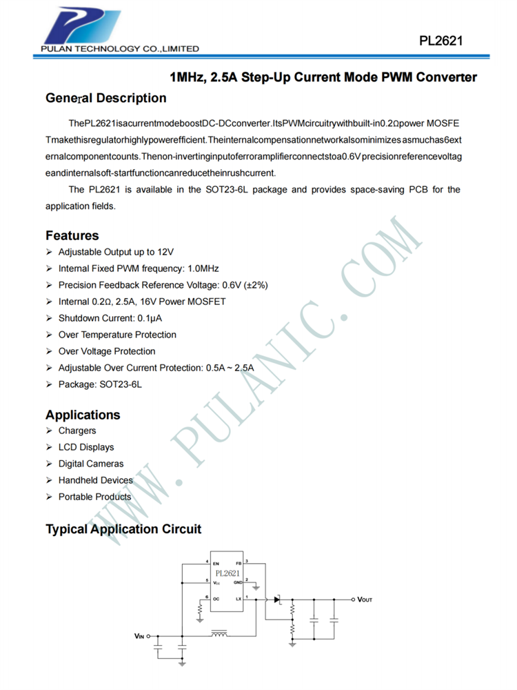 PL2621 SOT23-6L PWM升压DC/DC转换器 PL2621 SOT23-6L PWM升压DC/DC转换器