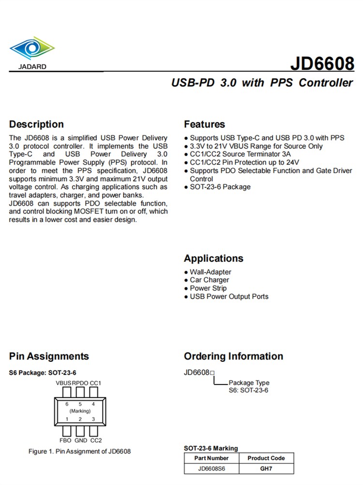 JD6608 協議控製IC USB-PD 3.0與PPS控製器 JD6608 協議控製IC USB-PD 3.0與PPS控製器