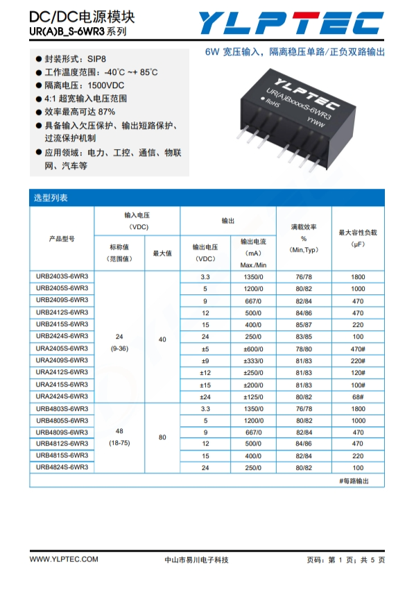 URB4812S-6WR3   6W寬壓輸入，隔離穩壓單路/正負雙路輸齣