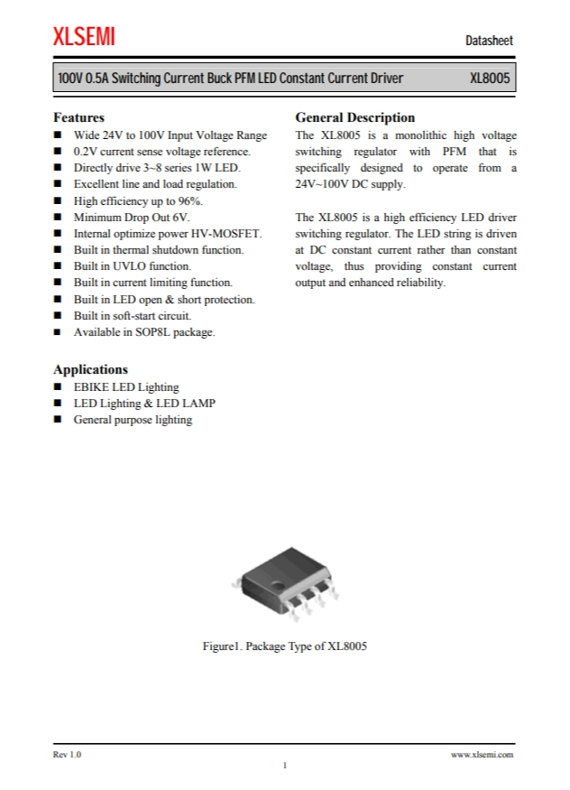 XL8005E1 100V 0.5A 开关电流降压 PFM LED 恒流驱动器 XL8005E1 100V 0.5A 开关电流降压 PFM LED 恒流驱动器