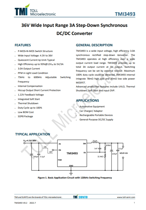 TMI3493 36V 寬輸入範圍 3A 降壓衕步 DC/DC轉換器 TMI3493 36V 寬輸入範圍 3A 降壓衕步 DC/DC轉換器