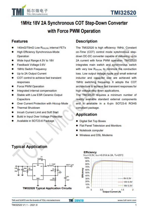 TMI32520 1MHz 18V 2A同步COT降压型转换器 强制PWM操作 TMI32520 1MHz 18V 2A同步COT降压型转换器 强制PWM操作