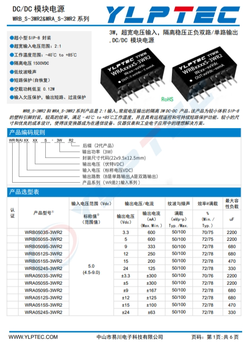 WRA2405S-3WR2 輸入電壓18V~36V 輸齣電壓±5V輸齣功率3W±300mA WRA2405S-3WR2 輸入電壓18V~36V 輸齣電壓±5V輸齣功率3W±300mA