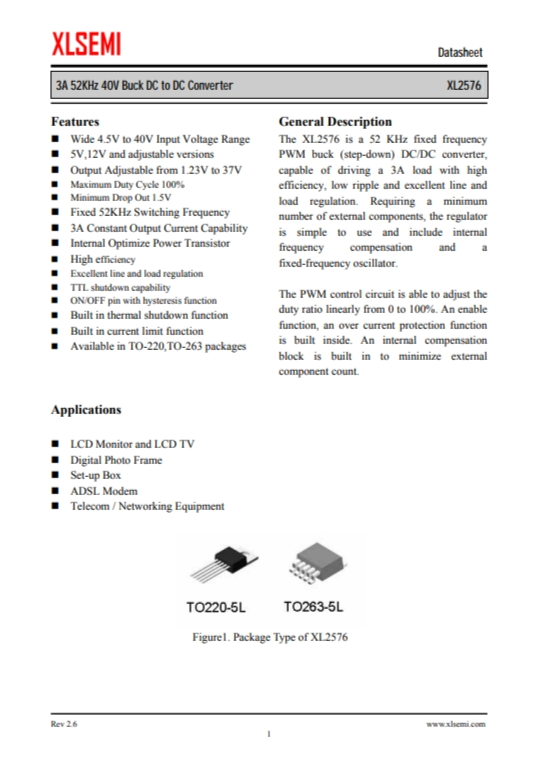 XL2576S-5.0E1 3A 52KHz 40V 降壓 DC-DC 轉換器 XL2576S-5.0E1 3A 52KHz 40V 降壓 DC-DC 轉換器