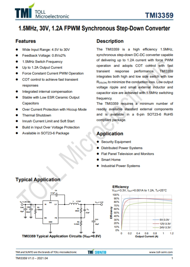 TMI3359 1.5MHz、30V、1.2A FPWM同步降压型转换器 TMI3359 1.5MHz、30V、1.2A FPWM同步降压型转换器