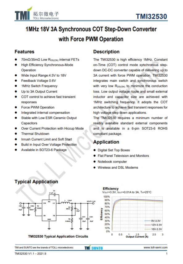 TMI32530 1MHz 18V 3A衕步COT降壓型轉換器 強製PWM操作 TMI32530 1MHz 18V 3A衕步COT降壓型轉換器 強製PWM操作