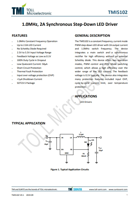 TMI5102 1.0MHz, 2A Synchronous Step-Down LED Driver TMI5102 1.0MHz, 2A Synchronous Step-Down LED Driver