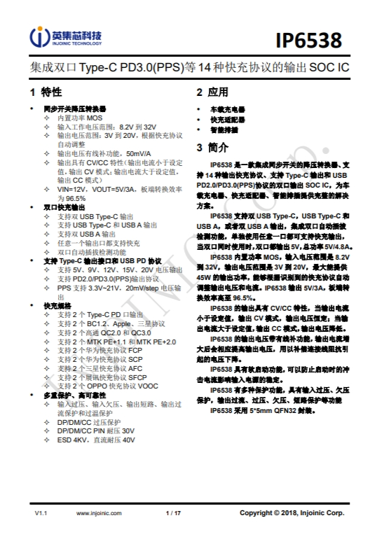IP653 集成双口Type-C PD3.0(PPS)等14种快充协议的输出SOC IC IP653 集成双口Type-C PD3.0(PPS)等14种快充协议的输出SOC IC