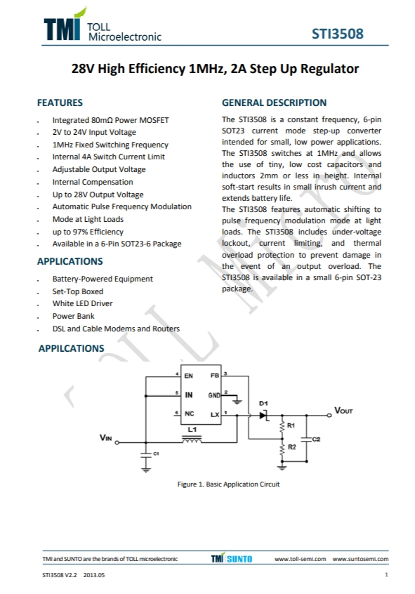 STI3508 28V、高效率、1MHz、2A升压稳压器 STI3508 28V、高效率、1MHz、2A升压稳压器