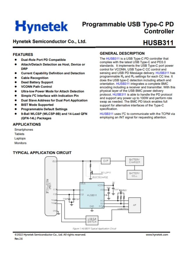 HUSB311 可编程 USB Type-C PD 控制器 HUSB311 可编程 USB Type-C PD 控制器